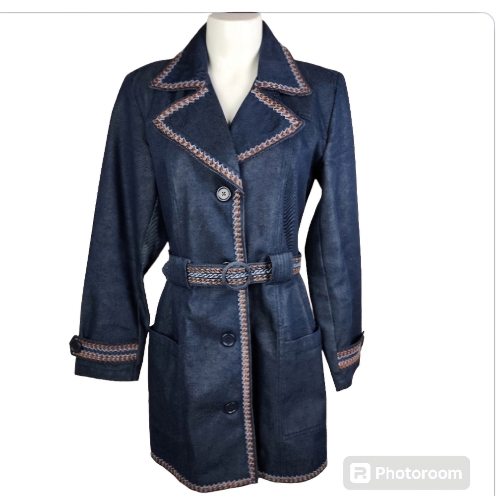 GAP Belted Denim Trench Coat Embroidered Retro Blue Size Small